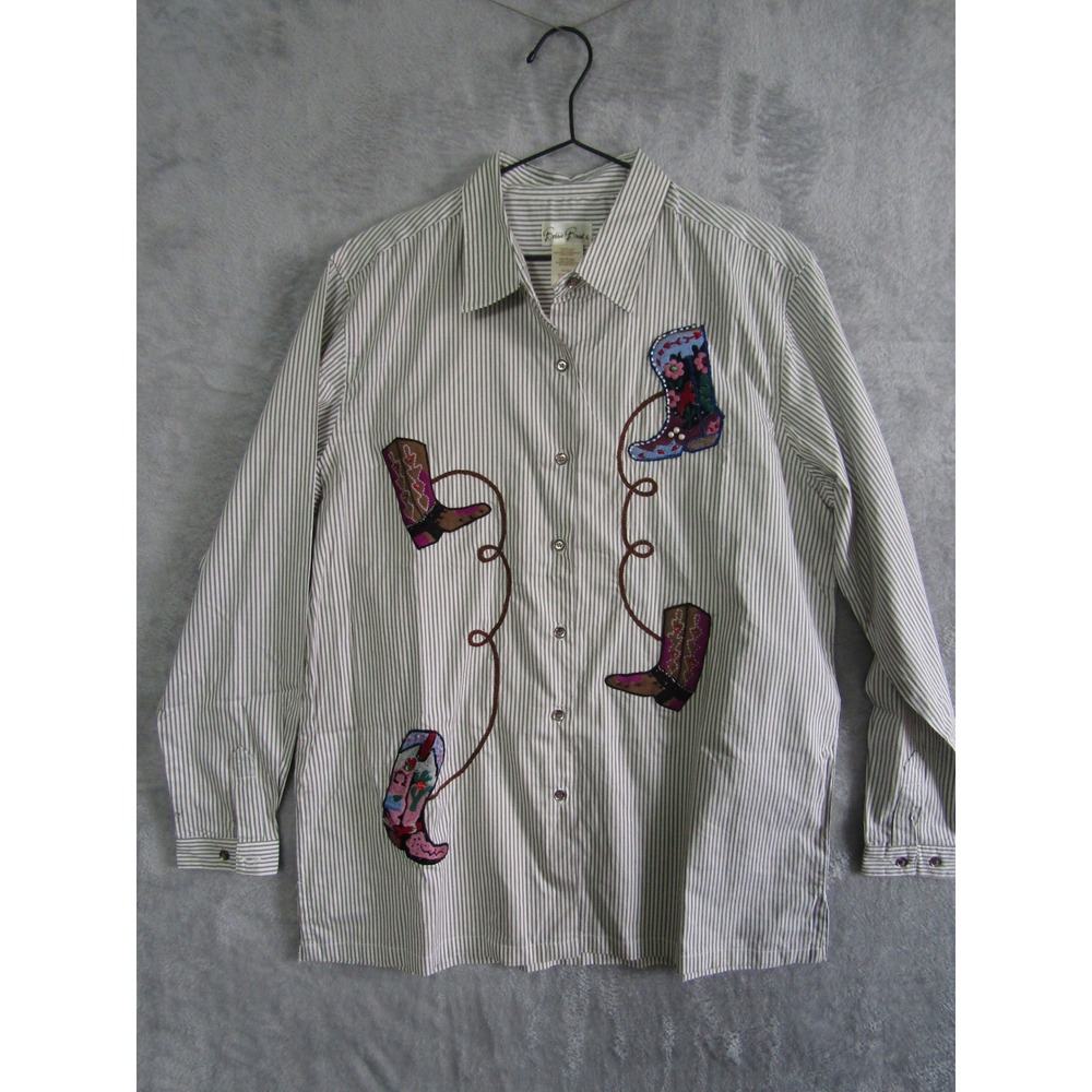 Bobbie Brooks Womens Button Up Shirt L Cowboy Boots Applique Pinstripe Cotton
